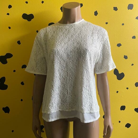 Vintage White Lace Blouse Womens M Sheer Lined Short Sleeve Cottagecore Romantic - Picture 1 of 11